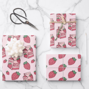 Cute Strawberry Milk Pink Pattern Wrapping Paper Sheets