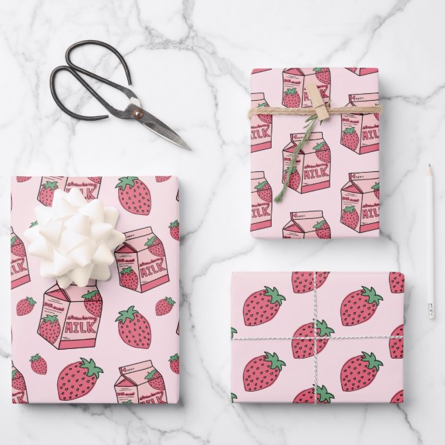 Cute Strawberry Milk Pink Pattern Wrapping Paper Sheets (Front)