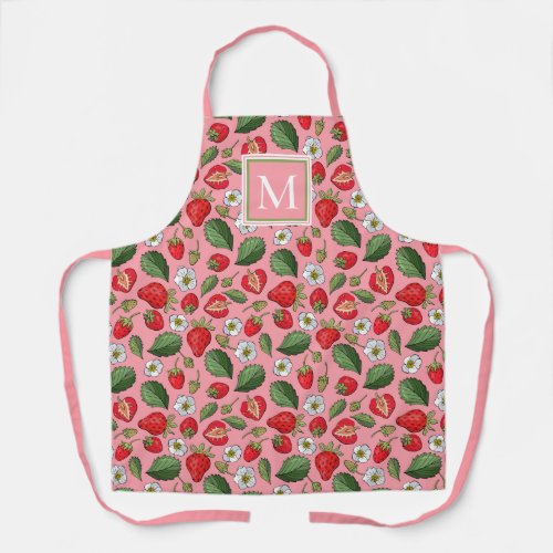 Cute Strawberry Pattern Monogram Pink Apron