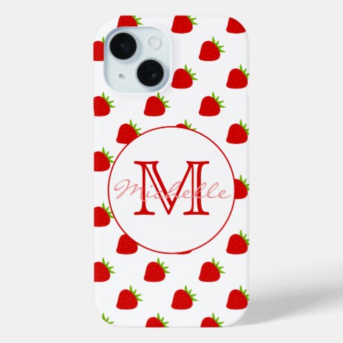 Cute Strawberry Pattern  Monogrammed iPhone 15 Case
