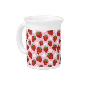 Cute Strawberry Pattern on Pink Background Beverage Pitcher