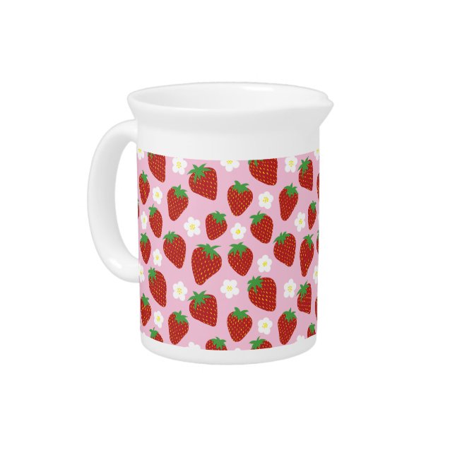 Cute Strawberry Pattern on Pink Background Beverage Pitcher (Left)