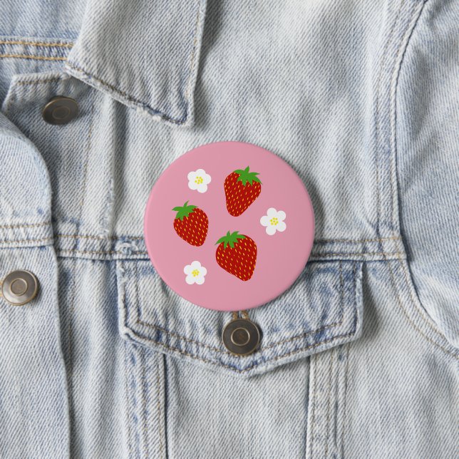 Cute Strawberry Pattern on Pink Background Button (In Situ)