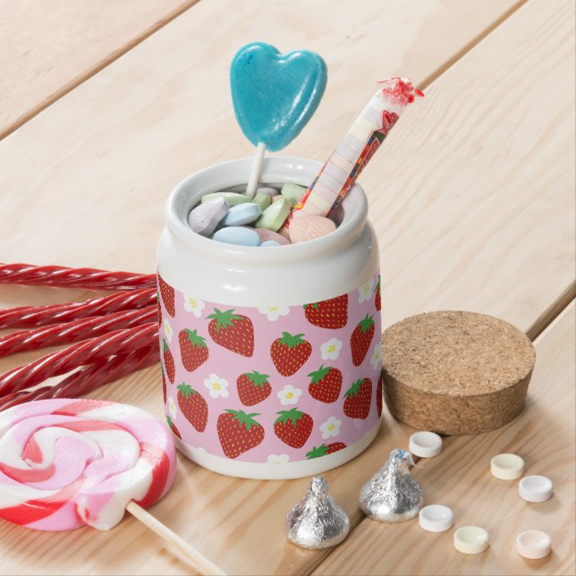 Cute Strawberry Pattern on Pink Background Candy Jar (In Situ)