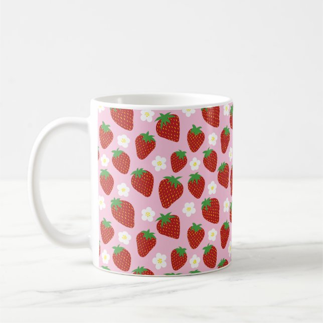 Cute Strawberry Pattern on Pink Background Coffee Mug (Left)