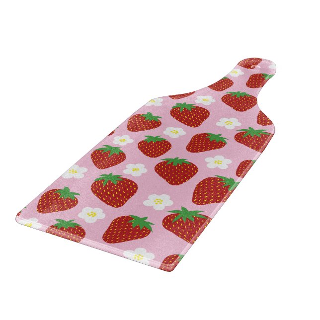 Cute Strawberry Pattern on Pink Background Cutting Board (Corner)