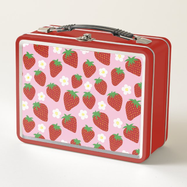 Cute Strawberry Pattern on Pink Background Metal Lunch Box (Front)