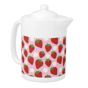 Cute Strawberry Pattern on Pink Background Teapot