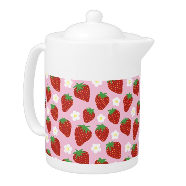 Cute Strawberry Pattern on Pink Background Teapot (Left)