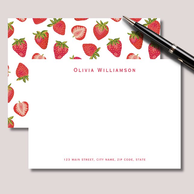 Cute Strawberry pattern personalized Note Card (Strawberry personalized notecards with name and address details. )