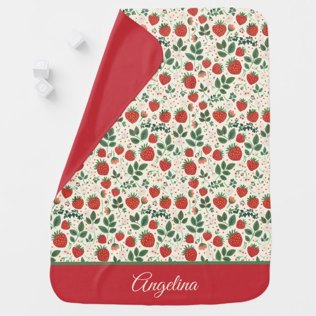 Cute Strawberry Pattern with custom Name   Baby Blanket (In Situ)