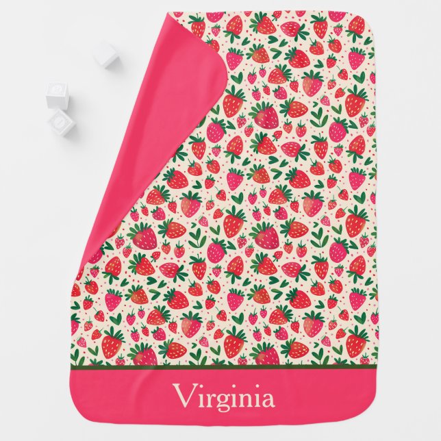 Cute Strawberry Pattern with custom Name   Baby Blanket (In Situ)