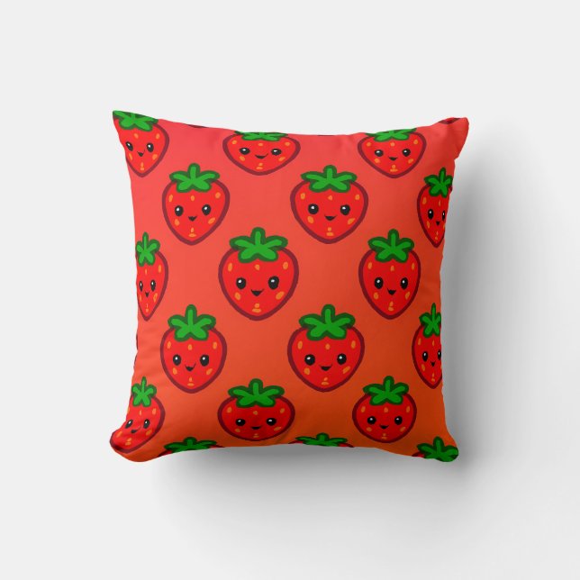 Cute Strawberry Pattern with Smiling Faces on Grad Throw Pillow (Front)