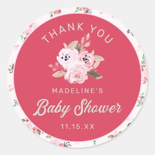 Cute Strawberry Pink Floral Baby Shower Thank You Classic Round Sticker