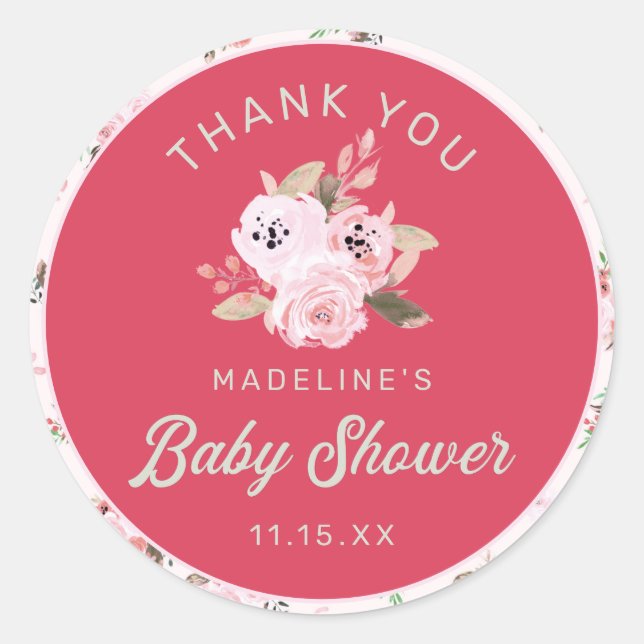 Cute Strawberry Pink Floral Baby Shower Thank You Classic Round Sticker (Front)
