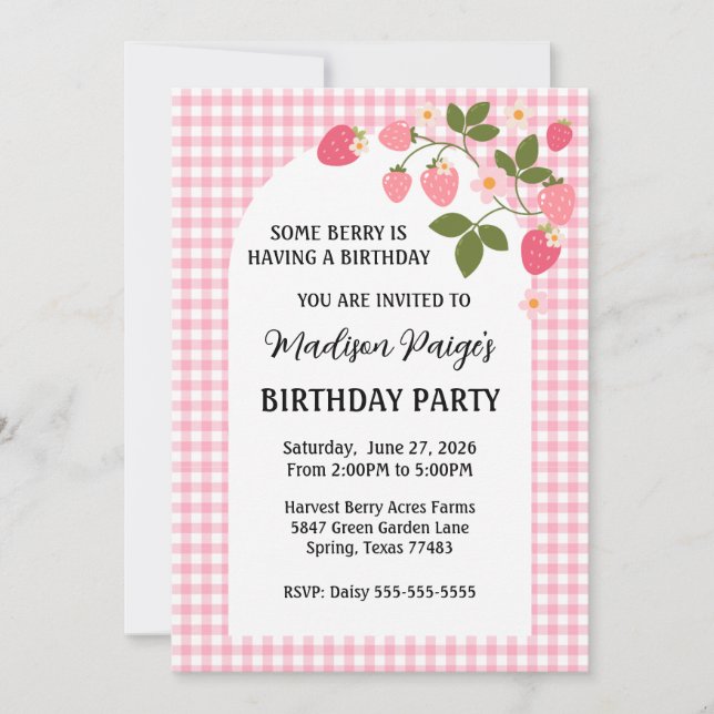 Cute Strawberry Pink Gingham Girls Birthday  Invitation (Front)