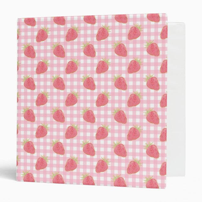 Cute Strawberry Pink Gingham Plaid 3 Ring Binder (Front/Inside)
