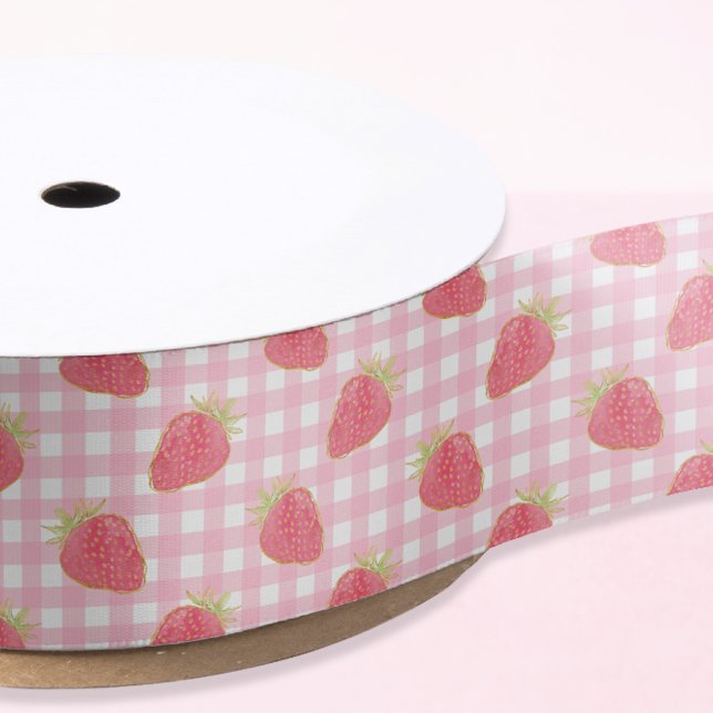 Cute Strawberry Pink Gingham Plaid Satin Ribbon (Creator Uploaded)