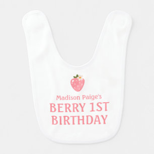 Cute Strawberry Pink Girls 1st Birthday Baby Bib