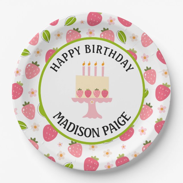 Cute Strawberry Pink Girls Birthday Paper Plate (Front)