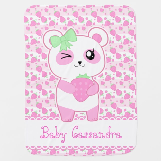Cute Strawberry pink Kawaii Panda bear Baby Blanket (Front)