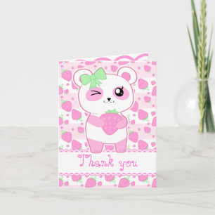 Cute Strawberry pink Kawaii Panda bear birthday Card