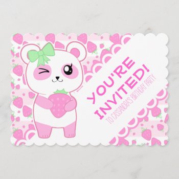 Cute Strawberry Pink Kawaii Panda Bear Invitation by DiaSuuArt at Zazzle