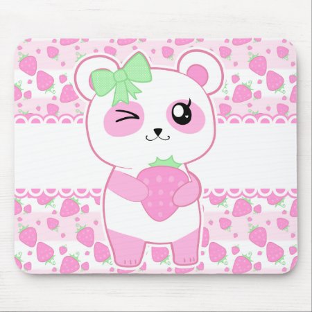 Cute Strawberry Pink Kawaii Panda Bear Mouse Pad