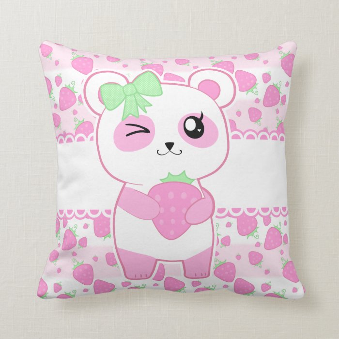 Cute Strawberry pink Kawaii Panda bear Throw Pillow