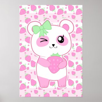 Cute Strawberry Pink Kawaii Panda Bear Poster by DiaSuuArt at Zazzle