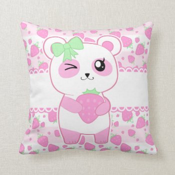 Cute Strawberry Pink Kawaii Panda Bear Throw Pillow by DiaSuuArt at Zazzle