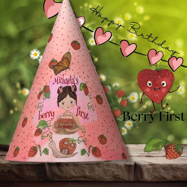 Cute Strawberry Snail & Girl First Birthday Party  Party Hat (Cute Strawberry Snail & Girl First Birthday Party Party Hat)