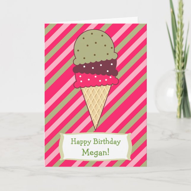 Cute Strawberry Stripes Ice Cream Cone Birthday Card (Front)