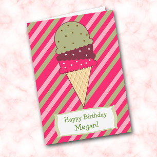 Cute Strawberry Stripes Ice Cream Cone Birthday Card