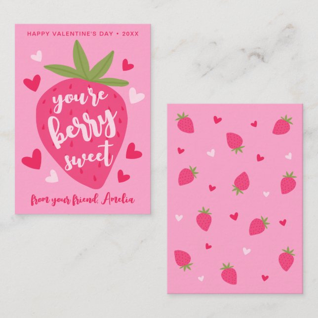 Cute Strawberry Sweet Berries Hearts Valentines Note Card (Front/Back)
