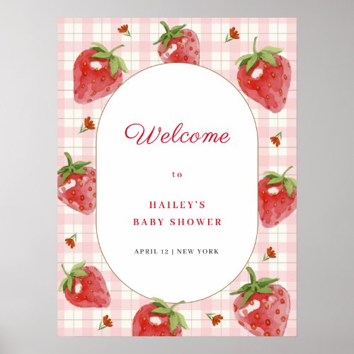 Cute Strawberry Sweet Gingham Welcome Baby Shower Poster