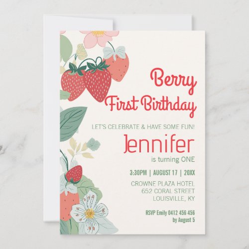 Cute Strawberry Theme Custom Berry First Birthday Invitation