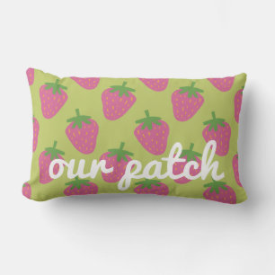 Cute Strawberry Themed Green and Pink "Our Patch" Lumbar Pillow