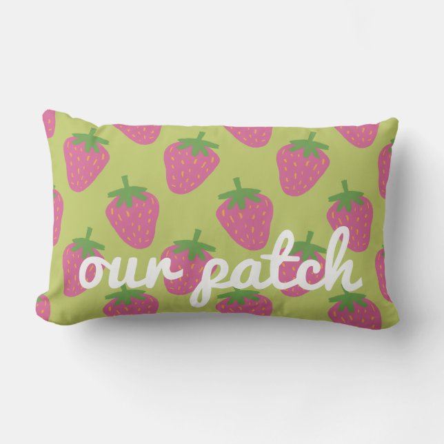 Cute Strawberry Themed Green and Pink "Our Patch" Lumbar Pillow (Front)