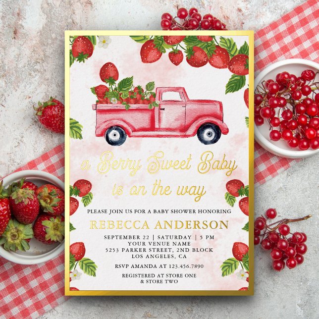 Cute Strawberry Truck Berry Sweet Baby Shower Gold Foil Invitation (Creator Uploaded)