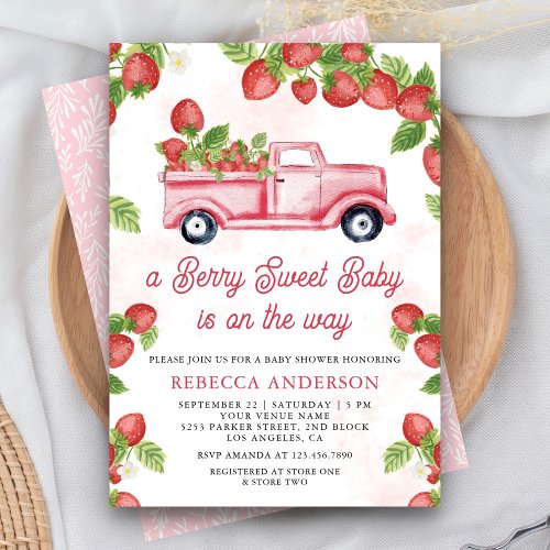 Cute Strawberry Truck Berry Sweet Baby Shower Invitation