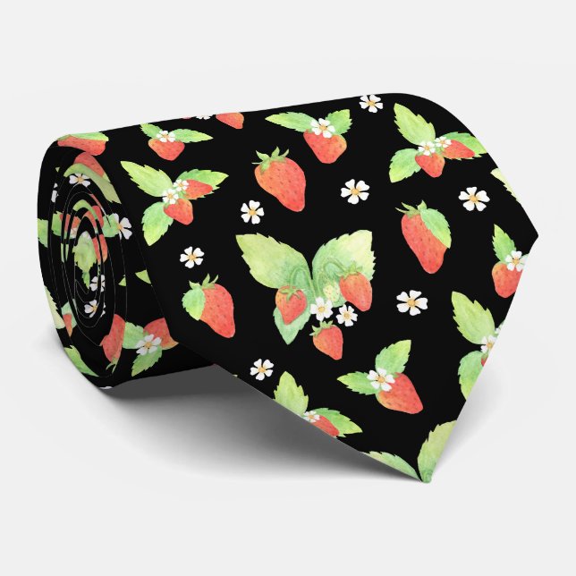 Cute Strawberry Watercolor Botanical Pattern Neck Tie (Rolled)