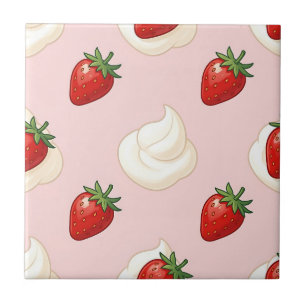 Cute Strawberry Whipped Cream Pattern Ceramic Tile