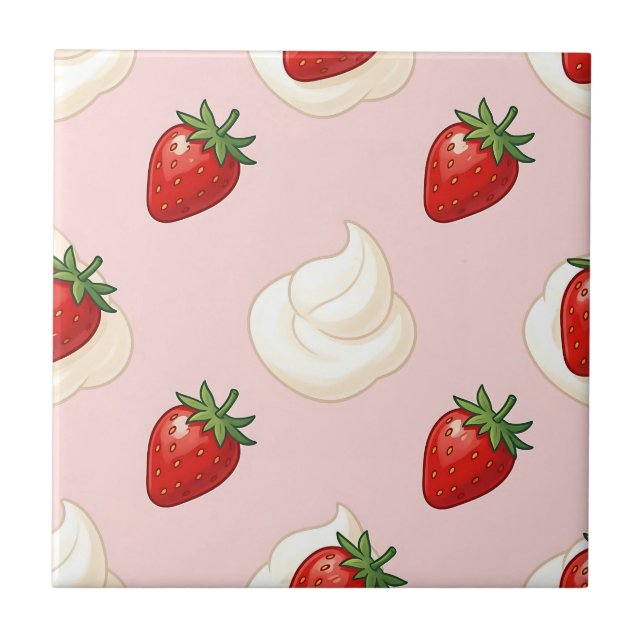 Cute Strawberry Whipped Cream Pattern Ceramic Tile (Front)