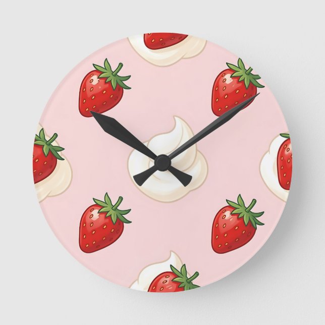Cute Strawberry Whipped Cream Pattern Round Clock (Front)