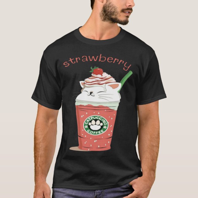 Cute Strawberry White Cat Animal Pet Catpuccino Co T-Shirt (Front)