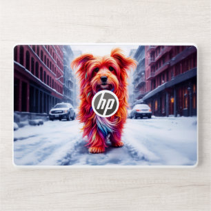 Cute stray dog lost in snowy white city road HP laptop skin