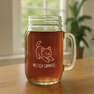 Cute Stretching Cat Custom Name Mason Jar W/ Handle