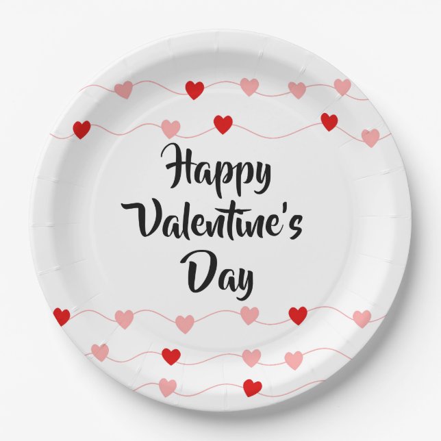 Cute String Hearts Happy Valentine's Day Red Pink Paper Plates (Front)