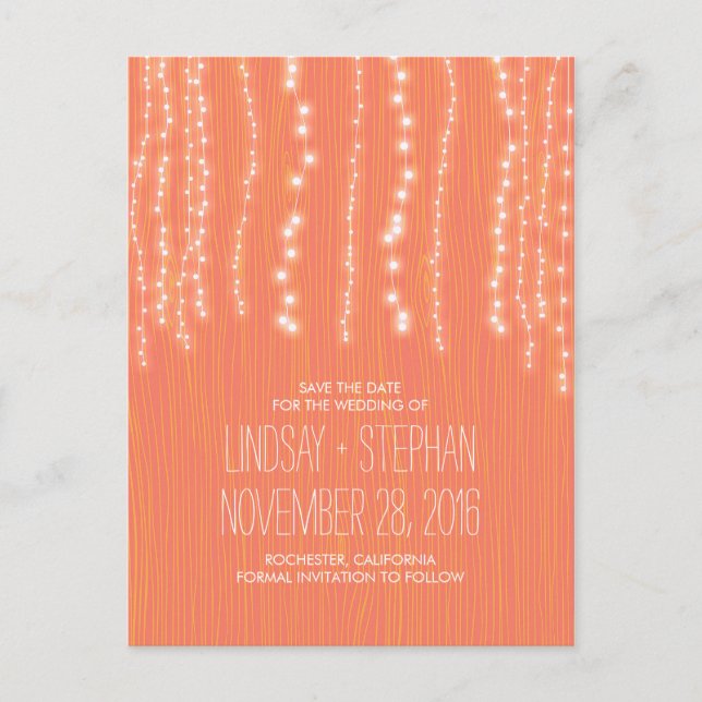 cute string lights rustic save the date postcards (Front)